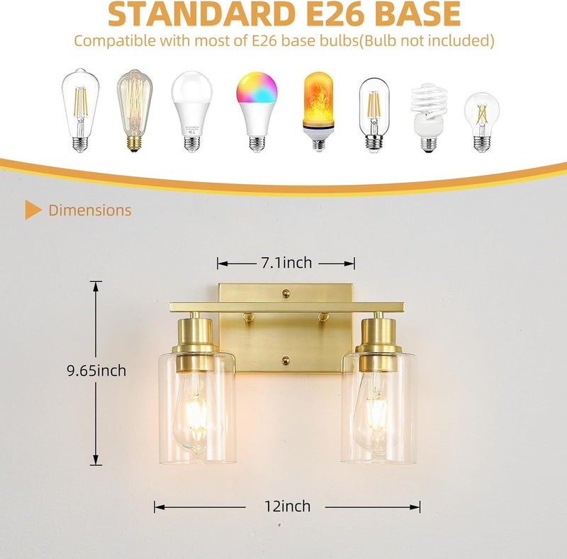 EMONG Gold Bathroom Light Fixtures, 2-Lights Brushed Brass Vanity Light with Clear Glass Shade, Modern Wall Sconces for Hallway, Farmhouse, Living Room - Image 5